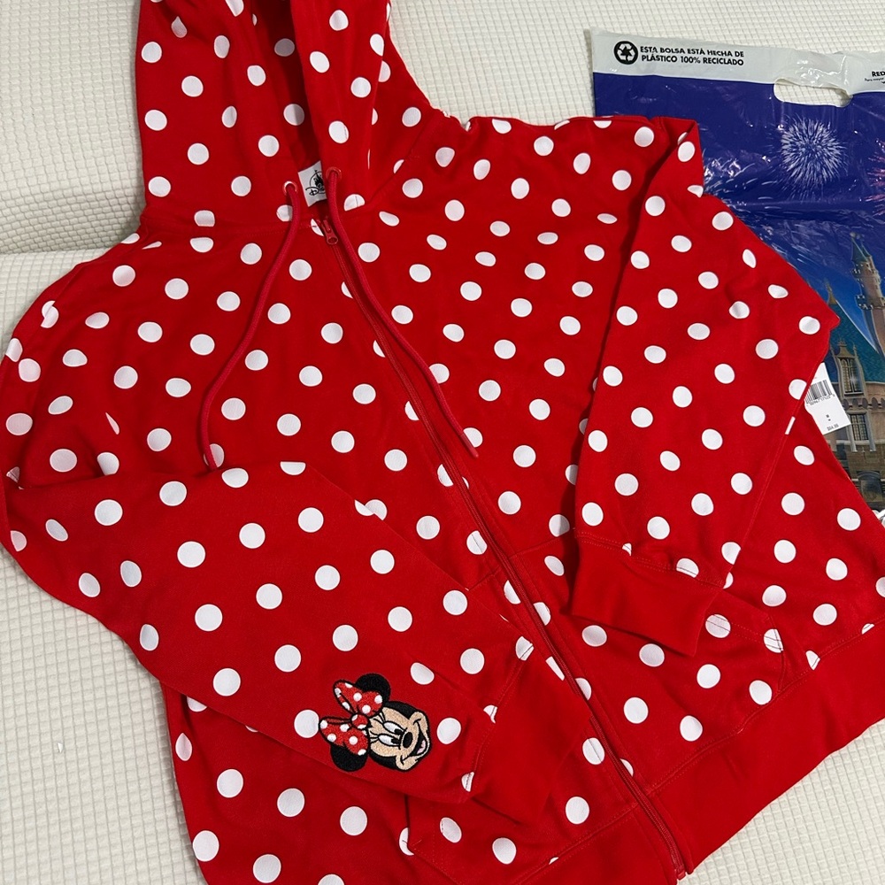 NWT Women’s Disney Minnie Mouse Jacket Hoodie Sz M red and white polka dot